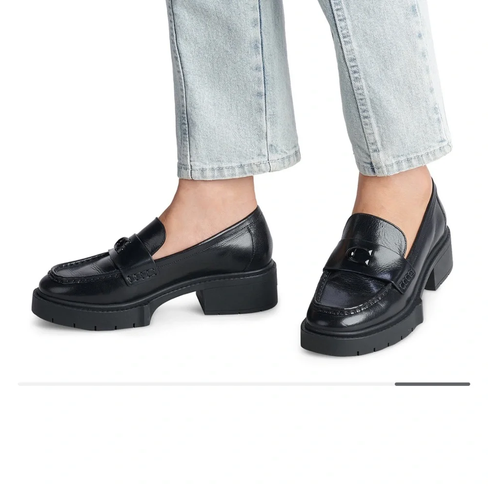 Coach Black Leather Lug Sole Penny Loafers